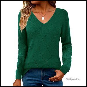 V-Neck Crochet Pullover Lightweight Knit Sweater Dressy Casual Loose Fit